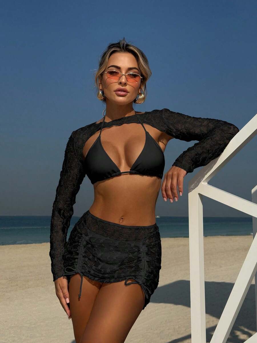 Sexy 4-Piece Bikini Set For Women, Mesh Beach Set, Solid Color - Swimsuit - Black - View 1