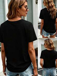 Women's Casual Cotton T-Shirt With Jesus Print, Short Sleeve, Religious Print, Loose Fit, Round Neck, Comfortable Cotton Top For Daily Wear, Colorful Jesus Letter Print, Religious Clothing, Soft Cotton Fabric, Breathable Casual T-Shirt. - 黑色 - 查看 2