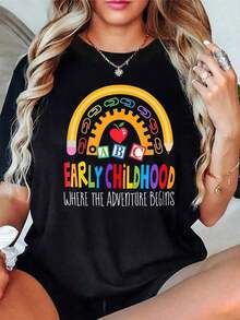 VintageWomen's Rainbow Pencil Gear Apple Abc Letters Early Childhood Where The Adventure Begins Graphic Slogan Print Tee, Summer Short Sleeve T-Shirt Tops, For Classroom Summer Clothes Soft And Breathable SportGraphic Tee - Negro - Ver 7