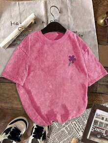 Camiseta de algodón casual con estampado para mujer, top negro lavado, cuello redondo de manga corta, diseño minimalista, adecuado para uso diario, estilo retro, regalo del Día de San Valentín de verano - Rosa Fucsia - Ver 2
