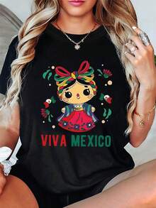 Camiseta de Mujer con Estampado Gráfico Viva México, Manga Corta, Cuello Redondo, Top Casual para Verano y Primavera, Ropa de Mujer, Tops para Salir de Noche para Mujer - Negro - Ver 7
