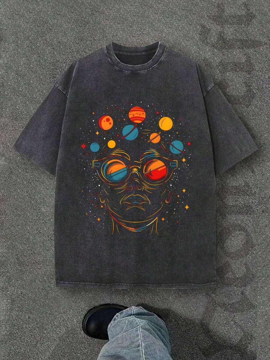 Camiseta casual vintage cómoda y lavada para mujer, camiseta de manga corta con cuello redondo,% algodón lavado y versátil para hombre, adecuada para uso diario y atuendos de, estilo unisex. - Negro - Ver 1