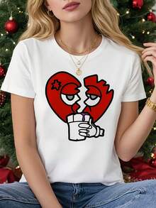 Plus Size T-Shirt 2026 With A Fun Broken Heart Print, White Short Sleeve Crew Neck Printed T-Shirt - Machine Washable, Casual Style, Comfortable Fit, Modern Design, Versatile For Everyday Wear, Soft Fabric, Fashionable Style. - 白色 - 查看 7