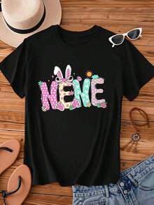 Camiseta Vintage con Diseño de Conejo de Pascua, Lunares y Flores, Diseño Lindo de Primavera para Mujer, Ropa Casual, Top de Moda, Camiseta Gráfica - Negro - Ver 2