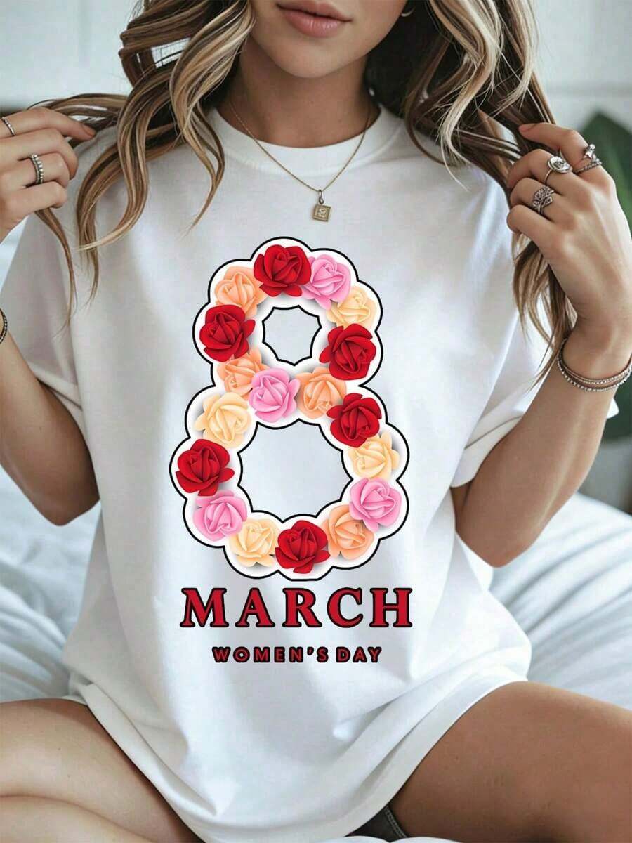 Elegante y casual mujer manga corta,Women's Day T-Shirt March 8 Roses Print White Casual Wear Spring Summer - Blanco - Ver 1