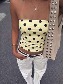 Strapless Crop Top, Blue Base With Black Polka Dots, Sexy Fitted Bandeau Shirt Summer - Yellow - View 6