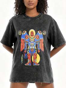 1 pieza de camiseta de mujer con estampado artístico boho, diseño de criatura mítica colorida, ropa casual de verano, regalo para ella, 180g, 100% algodón. - Gris Oscuro - Ver 2
