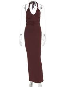Vestido largo sin mangas cuello V ajustado con lazos espalda descubierta estilo europeo elegante verano para mujer - Burdeos - Ver 6