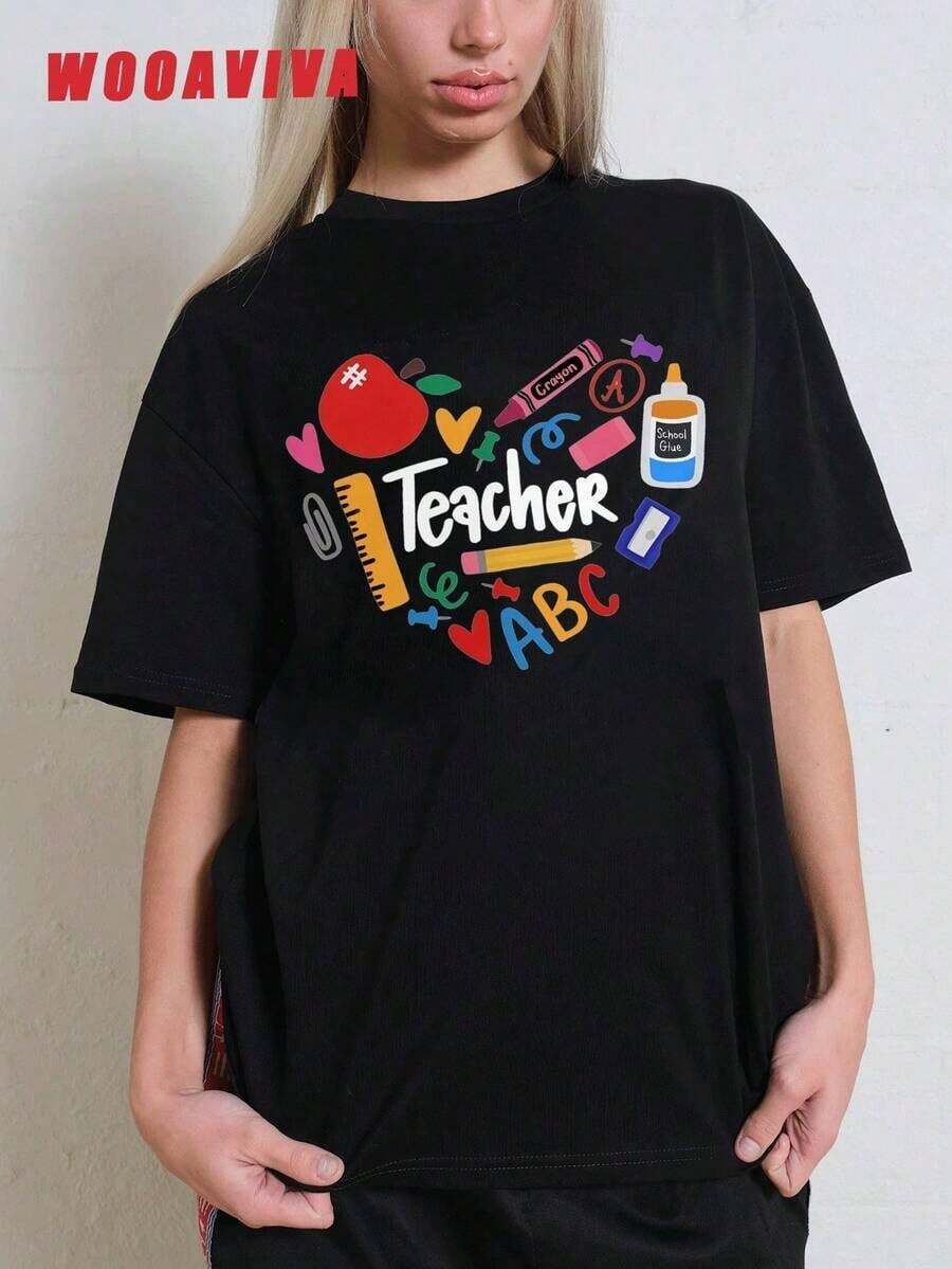 Y2K Style, Style, The Newest Of 2026, Cute Style, Casual Style. Women's Plus Size T-Shirt, 100% Soft Cotton, Fashionable For Summer, Y2K Cleanfit Style, Slim Fit, Colorful, ABC Teacher Design, Perfect Gift For Teachers, School Professors, Back To School, Teacher Appreciation, Casual, Perfect For All Seasons, Women's T-Shirts 180g (Sizes S-XXXL) - 黑色 - 查看 1