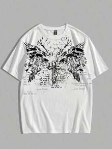 ROMWE MEN Goth Camiseta de manga corta con estampado de cruz y eslogan para hombres, para Halloween, escuela, estilo de los 2000 - Blanco - Ver 1