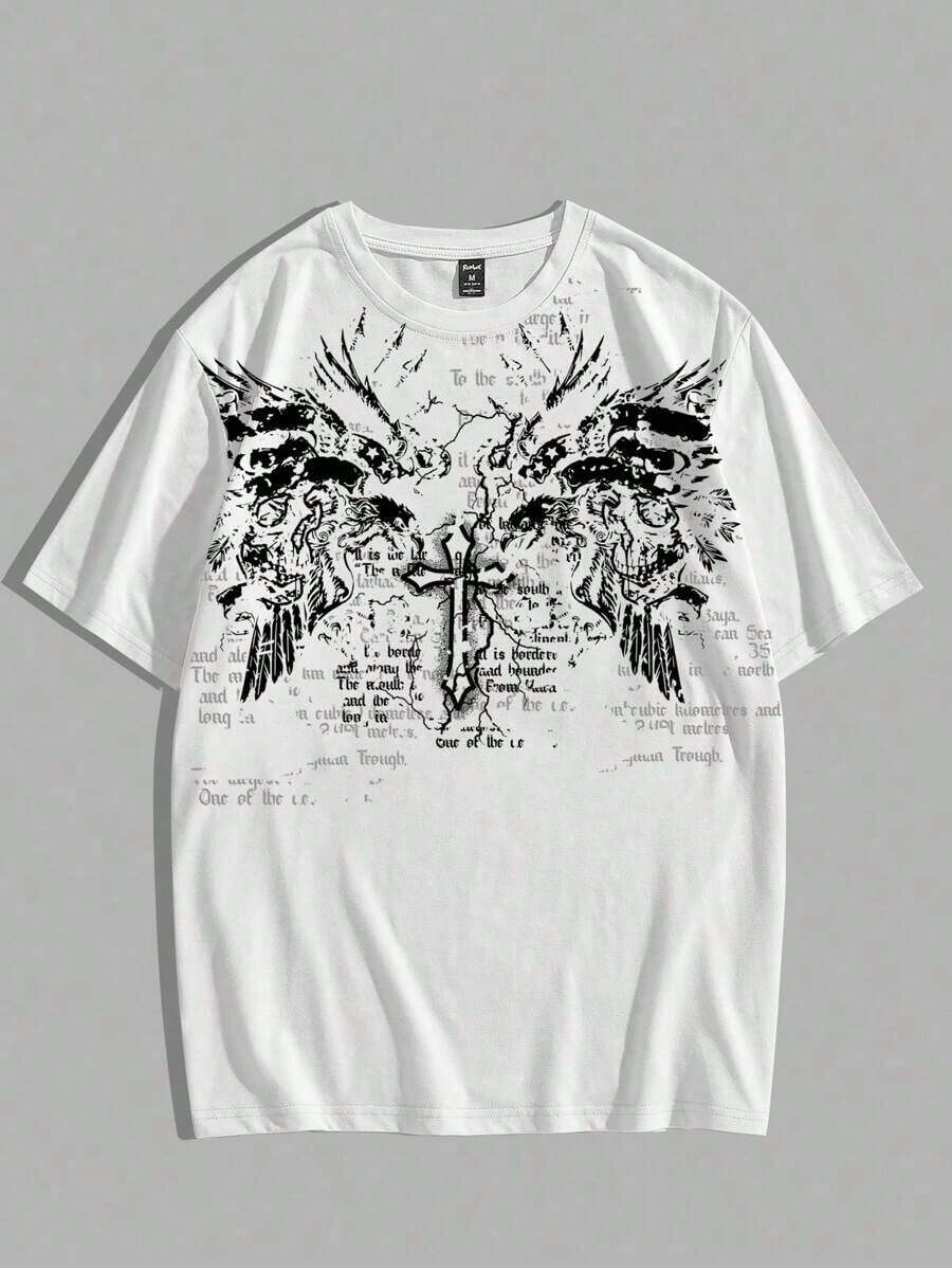 ROMWE MEN Goth Camiseta de manga corta con estampado de cruz y eslogan para hombres, para Halloween, escuela, estilo de los 2000 - Blanco - Ver 1