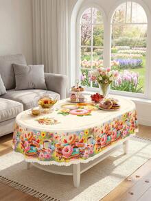 1 Piece Of Colorful Donut And Coffee Printed Tablecloth, Sweet Pastry Style Polyester Oval Tablecloth With Hot Edges, Washable And Wrinkle Resistant Tablecloth, Suitable For Kitchen And Dining Rooms, Tea Parties, Birthday Celebrations, Bridal Showers, Summer Kitchen Supplies, And Home Dining Table Decoration. - Multicolor - View 5