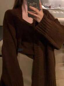 Women's Knitted Jacket, Women's Tweed Jacket, Autumn And Winter Loose Lazy Windproof Slim Cardigan Jumper, Versatile Knit Sweater Tops - 咖啡棕 - View 2