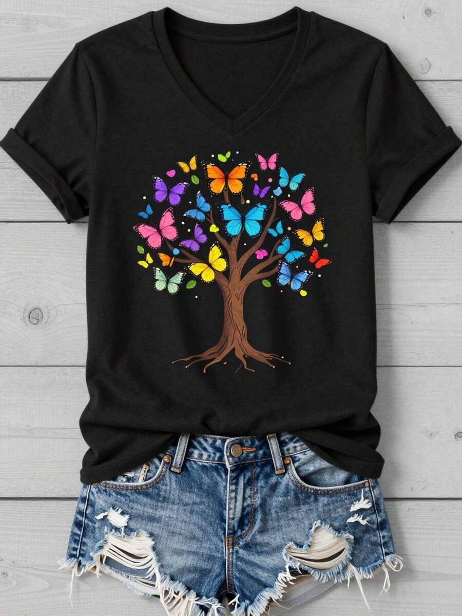 Camiseta de mujer con cuello en V, moderna y casual, con estampado, mangas cortas, tela ligera y transpirable, ideal para primavera y verano, una excelente opción de regalo. - Negro - Ver 1
