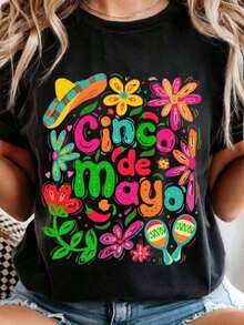 Camiseta Unisex, Vintage Cinco De Mayo ®   T-Shirt, Fiesta Graphic Tee, Floral Mexican Party Shirt,  Women'S Cinco De Mayo Top,Ropa De Mujer Blusas Para Dama Casuales Camisas De Mujer Blusa Blusas Para Mujer Camisas,Lightweight, Breathable Fabric,Pretty Style, Summer Outfit,Cool , School & Daily - Negro - Ver 6