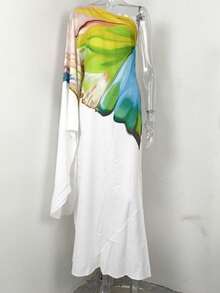 Elegant And Modern Long Printed Dress With An Asymmetrical Shoulder, Spring 2026 - 白色 - 查看 4