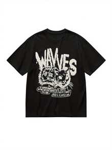Camiseta negra de corte ajustado para hombre, con un diseño único de gato y el eslogan "Wavves", diseño casual de manga corta y cuello redondo, lavable a máquina, adecuada para uso diario informal, tela elástica con estampado único de gato, ideal para el hogar, la oficina y las fiestas, camiseta para mujer. - Negro - Ver 1