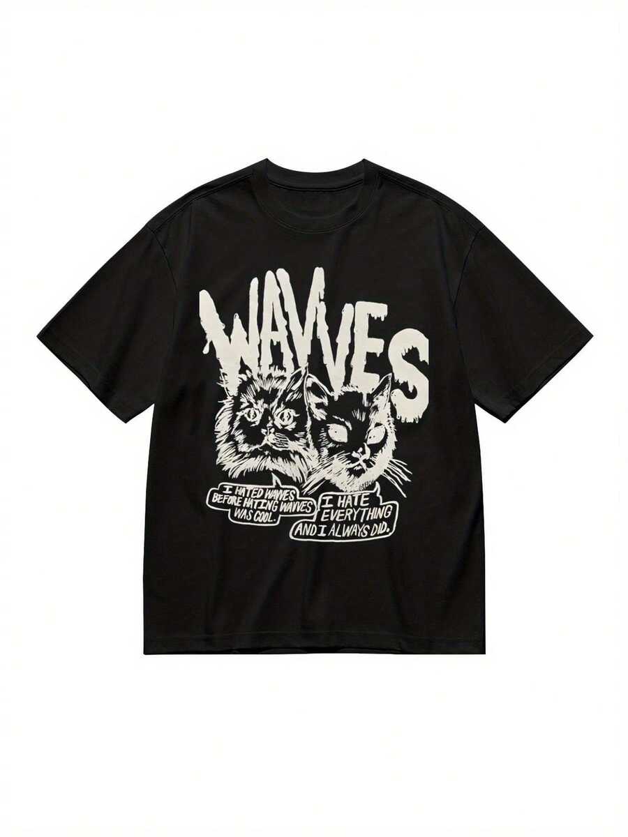 Camiseta negra de corte ajustado para hombre, con un diseño único de gato y el eslogan "Wavves", diseño casual de manga corta y cuello redondo, lavable a máquina, adecuada para uso diario informal, tela elástica con estampado único de gato, ideal para el hogar, la oficina y las fiestas, camiseta para mujer. - Negro - Ver 1