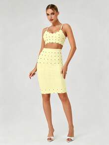 Bernatova Women's Spaghetti Strap Two Pieces Rivet Tie-Up Dress, Sexy Fashion Elegant Bodycon Party Club Dress Wedding Yellow - Yellow - View 5