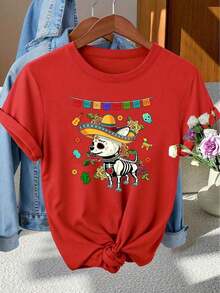 Camisetas Ligeras con Estampado "Día de los Muertos" para mujer, de estilo elegante, con decoración de calaveras y un estampado de un cachorro con sombrero mexicano, cuello redondo, manga corta, adecuada para primavera, verano y otoño.Es una prenda moderna, versátil y de estilo retro-casual para uso diario, vacaciones y desplazamientos.Disponible en múltiples colores, hecha de algodón, una opción popular. - Rojo - Ver 7