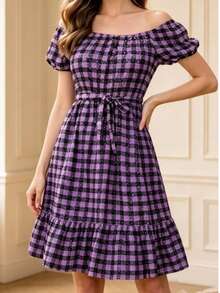Casual Short Dress With Buttons Down The Front, Long Sleeves, And A Plaid Print. - 紫色 - 查看 2