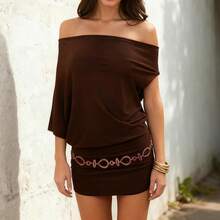 SUCHCUTE-vestido envolvente con manga de murciélago para mujer, vestido ajustado liso con un hombro y espalda descubierta, vestido de fiesta de noche para discoteca Y2K, trajes sexys de verano - Negro - Ver 4