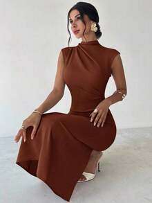 Vestido largo de verano elegante y minimalista para uso diario, viajes y ocasiones casuales, con cuello mao, mangas drapeadas y cintura ceñida, color albaricoque - Marrón - Ver 7