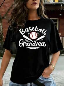Women's Casual T-Shirt, Baseball Graphic Design For Grandmother/Mother's Day, Short Sleeve, Comfortable For Casual And Elegant Outfits, Lightweight And Breathable, Machine Washable, Regular Fit, Crew Neck, 100% Cotton, Durable - 黑色 - 查看 7