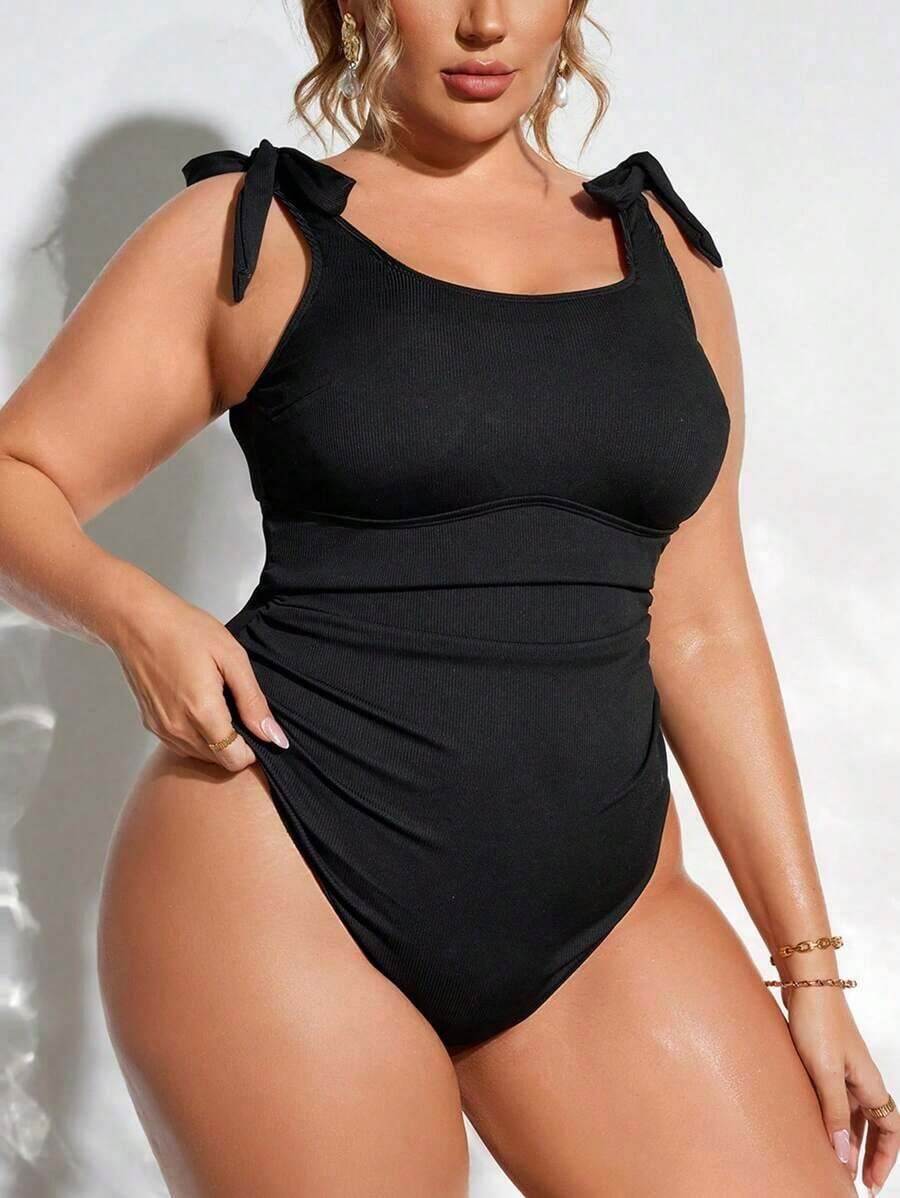 1 pieza Traje de baño de una sola pieza con fruncido de unicolor, estilo de vacaciones en la playa de verano para tallas grandes - Negro - Ver 1