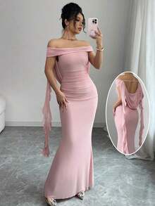 Vestido elegante de mujer con un hombro descubierto, fruncido, silueta entallada y parche en la cintura con lazo - Rosa - Ver 3
