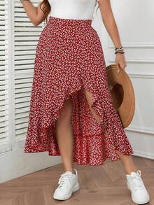 Falda casual de verano para mujer de talla grande con diseño de cintura alta, estampado floral diminuto y largo en la parte trasera, ideal para bodas, vacaciones y resorts de estilo bohemio - Rojo - Ver 3