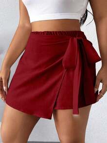 Falda pantalón informal de aspecto de mezclilla con doblez asimétrico y nudo lateral para mujer talla grande - Burdeos - Ver 4