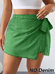 Falda-short casual con bajo asimétrico y lazo lateral para mujer de talla grande - Verde 2 - Ver 5