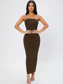 Vestido tubo con abertura trasera - Marrón Chocolate - Ver 6