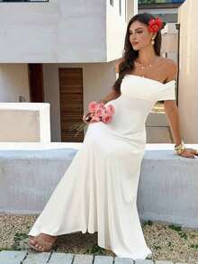 Vestido de mujer de unicolor con hombros descubiertos, nuevo vestido largo elegante y ajustado sin espalda para fiestas, uso diario y citas - Blanco 2 - Ver 11
