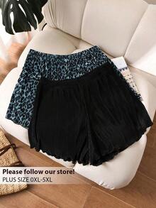 Shorts plisados de talla grande de verano con estampado de leopardo y unicolor - Multicolor 6 - Ver 1