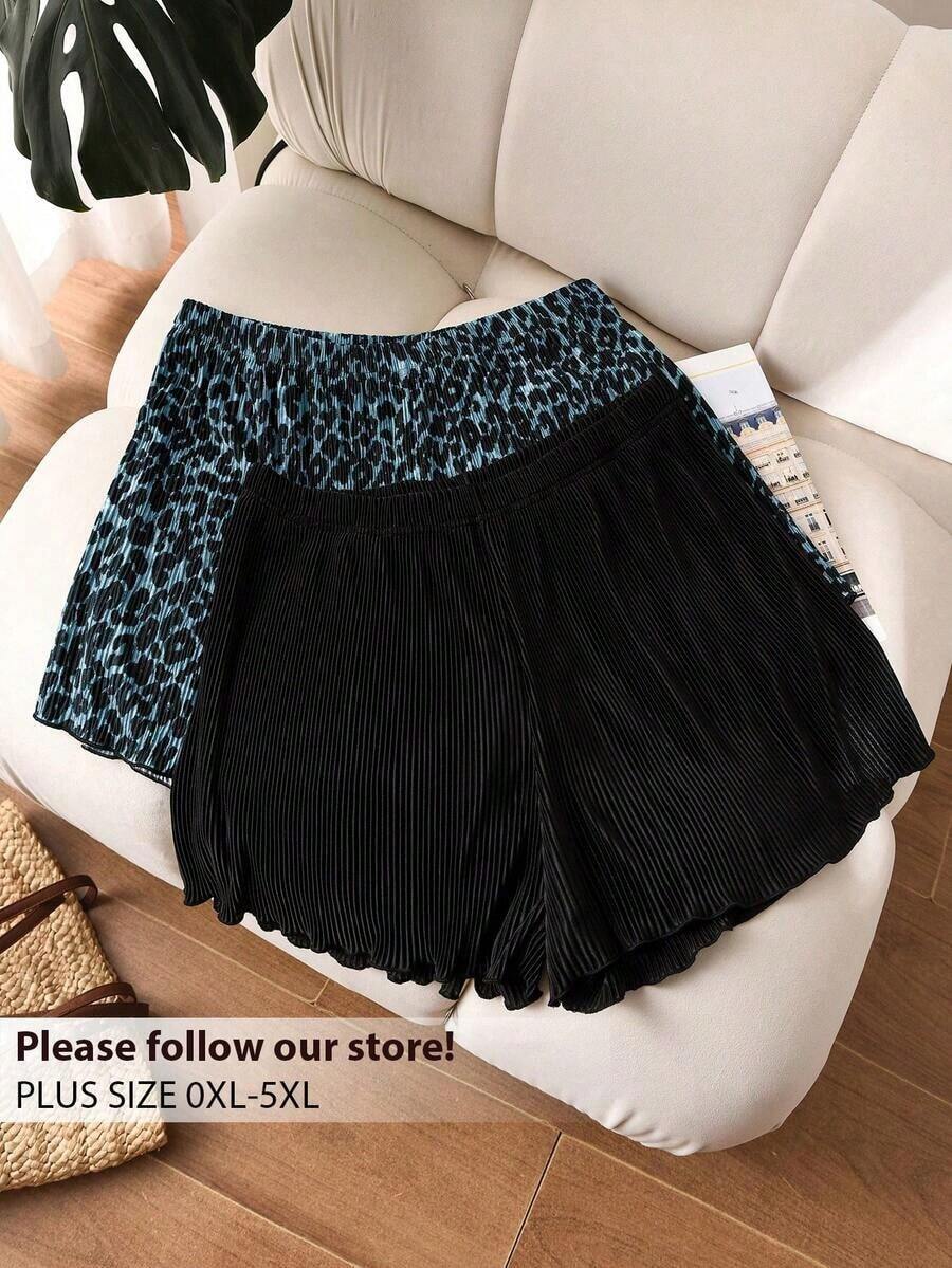 Shorts plisados de talla grande de verano con estampado de leopardo y unicolor - Multicolor 6 - Ver 1