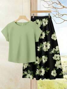 Set de 2 piezas Blusa de unicolor + Falda estampada con flores moradas de estilo casual de vacaciones para mujer, Conjunto de verano para mujer, Conjunto de falda y blusa, Conjunto de falda y blusa para mujer, Conjunto de falda estampada de pri - Multicolor 19 - Ver 4