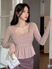 Blusa casual de mujer con cuello cuadrado, manga corta, silueta acampanada y tela texturizada, top sexy y lindo - Rosa - Ver 7