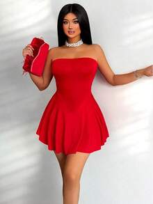 Vestido mini sin tirantes con dobladillo de volantes para mujer - Rojo - Ver 7