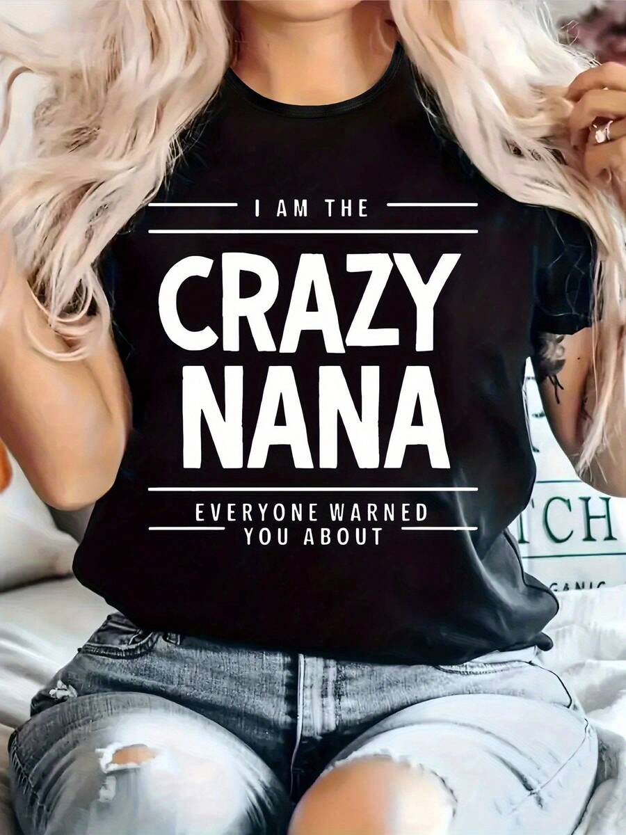 Women's Casual T-Shirt - "I'm That Crazy Gran" Print, Crew Neck, Short Sleeves, Stretch Fabric, Comfortable Top Suitable For All Seasons, White Text Background, All-Season Clothing | Fun Printed T-Shirt | Style - [] - 查看 1