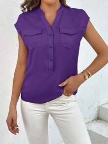 Camisa casual de mujer de manga corta con bolsillo, cuello en V con muesca y unicolor para uso laboral - Morado Violeta - Ver 6
