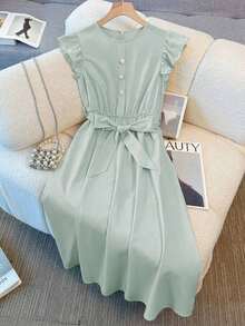 Vestido de mujer de longitud media, cómodo y suave, sin estiramiento, con cuello redondo, mangas de vuelo, cintura elástica, decoración de botones de perla, estilo francés elegante y versátil para vacaciones y viajes, color albaricoque, primavera - Verde Gris - Ver 5