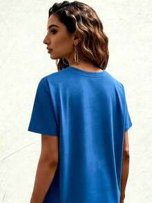 Camiseta de Algodón para Mujer con Estampado de Corazón de Diente de León, Manga Corta, Cuello Redondo, Top Casual Básico, Tallas S-5XL, Ligera, Transpirable, para Uso Diario, Moda Verano Primavera, Cuello Redondo, Corte Holgado, Tela Suave y Cómoda, Ropa Urbana - Azul - Ver 2