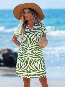 Vestido casual de mujer con estampado floral, cuello en V y manga corta para vacaciones - Multicolor 2 - Ver 4