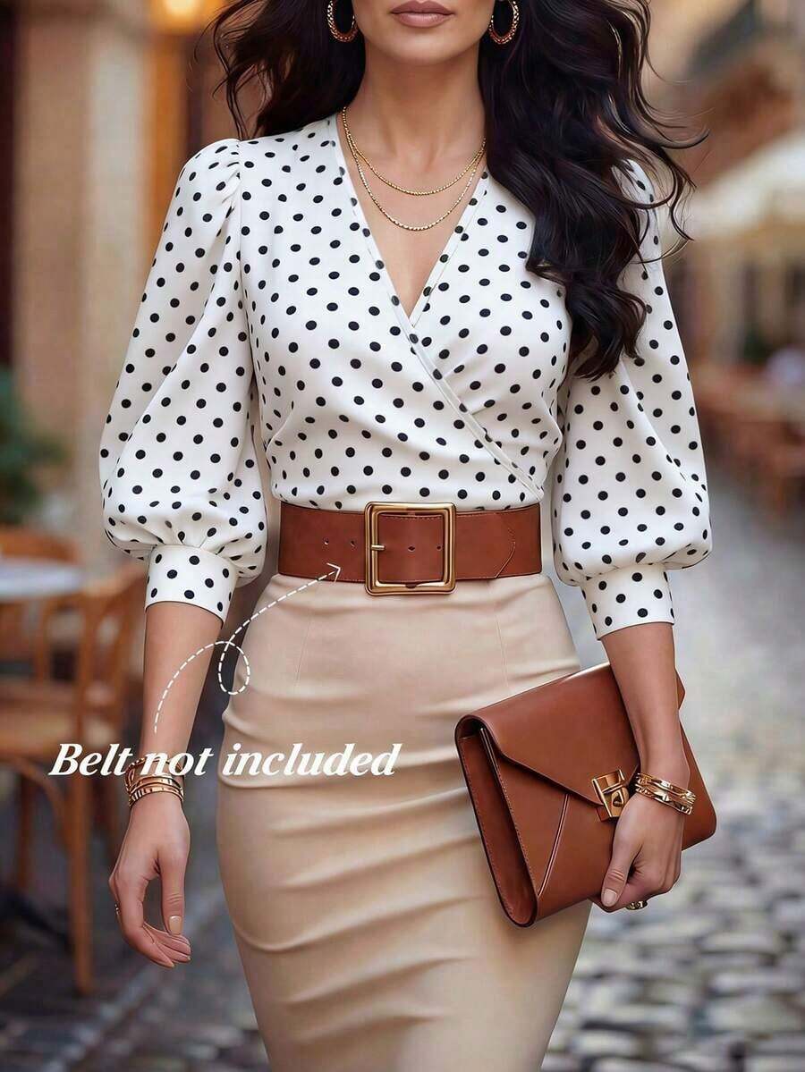 Blusa corta con cuello en V, cruzado y mangas abullonadas para mujeres - Multicolor - Ver 1