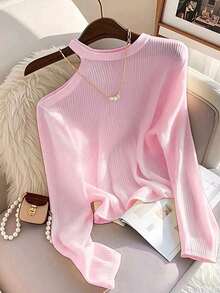 Camiseta de manga larga con hombro asimétrico y bloque de color para mujer, top de punto acanalado, primavera/otoño - Rosa - Ver 1