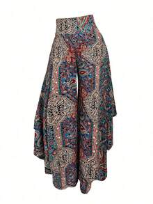 Pantalones anchos con bajo asimétrico y estampado de paisley casuales para uso en resort para mujer - Multicolor 2 - Ver 6