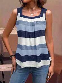 Camiseta sin mangas de mujer con bloques de color y rayas, estilo casual para vacaciones - Azul - Ver 4