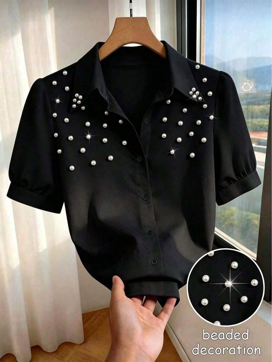 Blusa casual/de trabajo de manga corta elegante y ajustada con cuello con tachuelas para mujeres - Negro - Ver 1